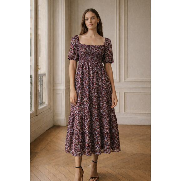 Kings Road Dresses & Skirts - Kings Road Women's Red Floral Tiered Midi Dress XL Smocked Square Neck Boho